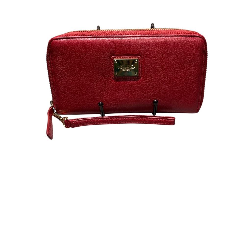 Kenneth Cole New York Red Pebbled Leather Zip Around Wristlet Wallet Pouch